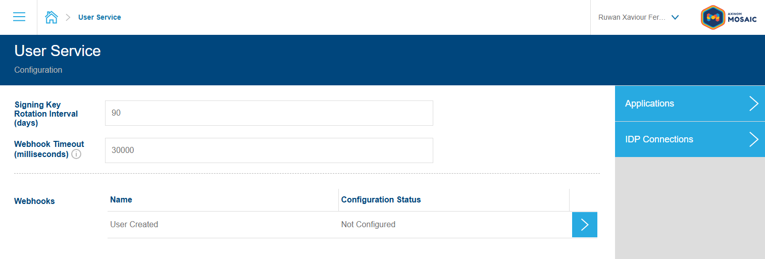 Admin Portal Service Settings for User Service